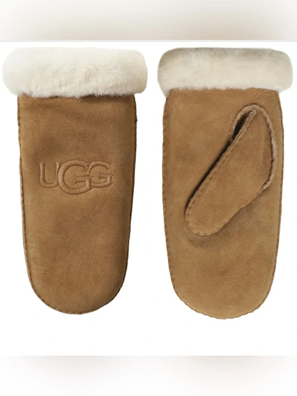 UGG Chestnut Suede Embroidered Shearling-Trim Mittens